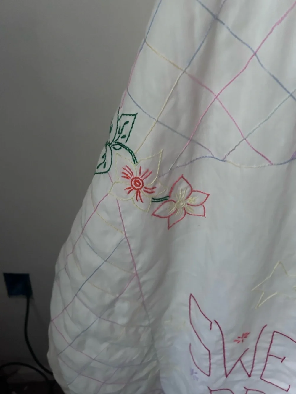 Vintage White Quilt with Pink and Green Embroidery